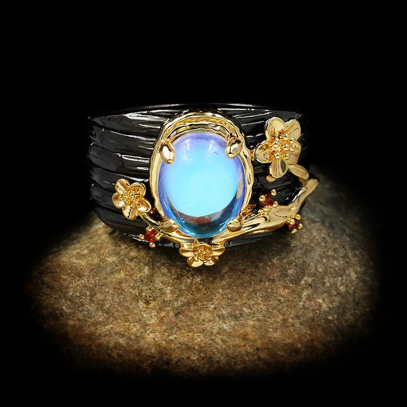 Beautiful Floral Moonstone & Ruby Zircon Black & Gold Series Rings
