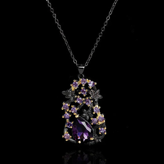 Purple Zircon Pendant Chain Black & Gold Style Purple Flower Necklace Personalized