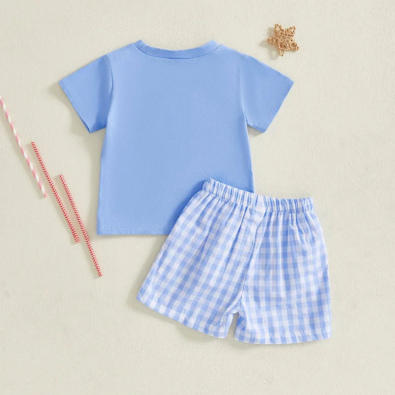 Boy's 2-Piece Embroidered Golf Cart 4th of July T-Shirts & Plaid Shorts Sets