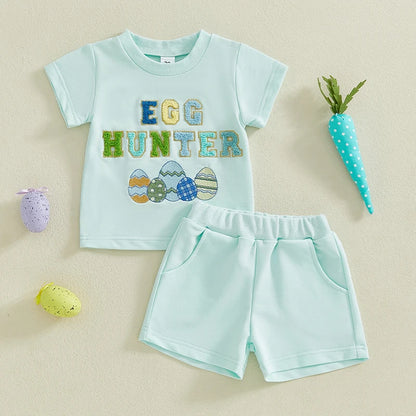 Boy's Easter Shorts Embroidered Eggs T-shirt & Shorts