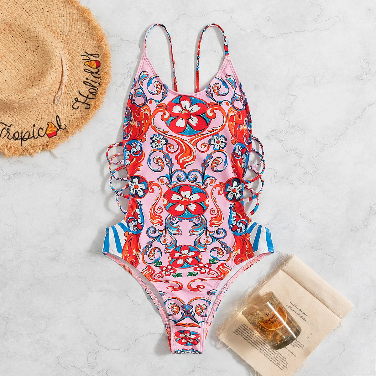 Floral Hollow Out High Cut Backless One Piece Swimwear