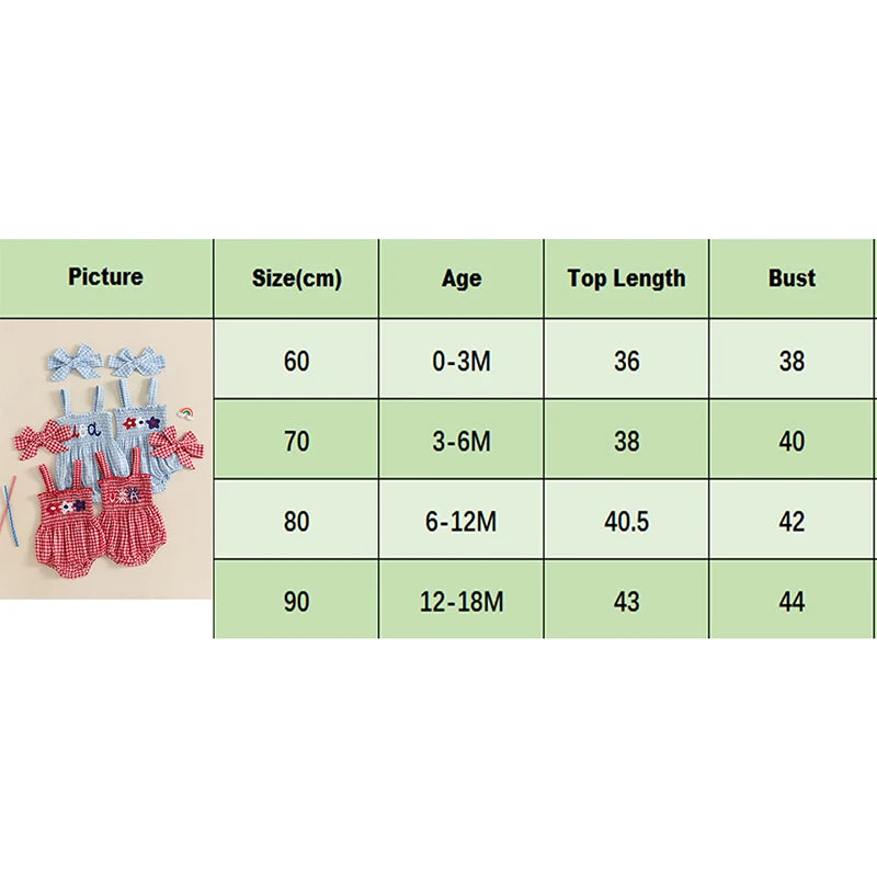 Girl's 2-Piece Embroidered July 4th Rompers & Bow Head Band Sets