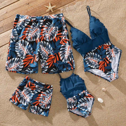 Family Matching! Palm Leaf One Piece Swimwear & Trunks