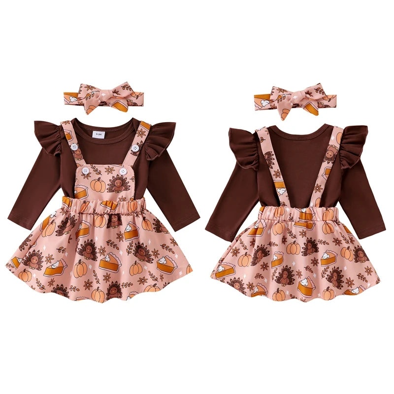 Girl's 3-Piece Holiday 3-Piece Ruffled Onesie, Santa/Pumpkin/Turkey Suspender Skirts & Bow Headband Sets