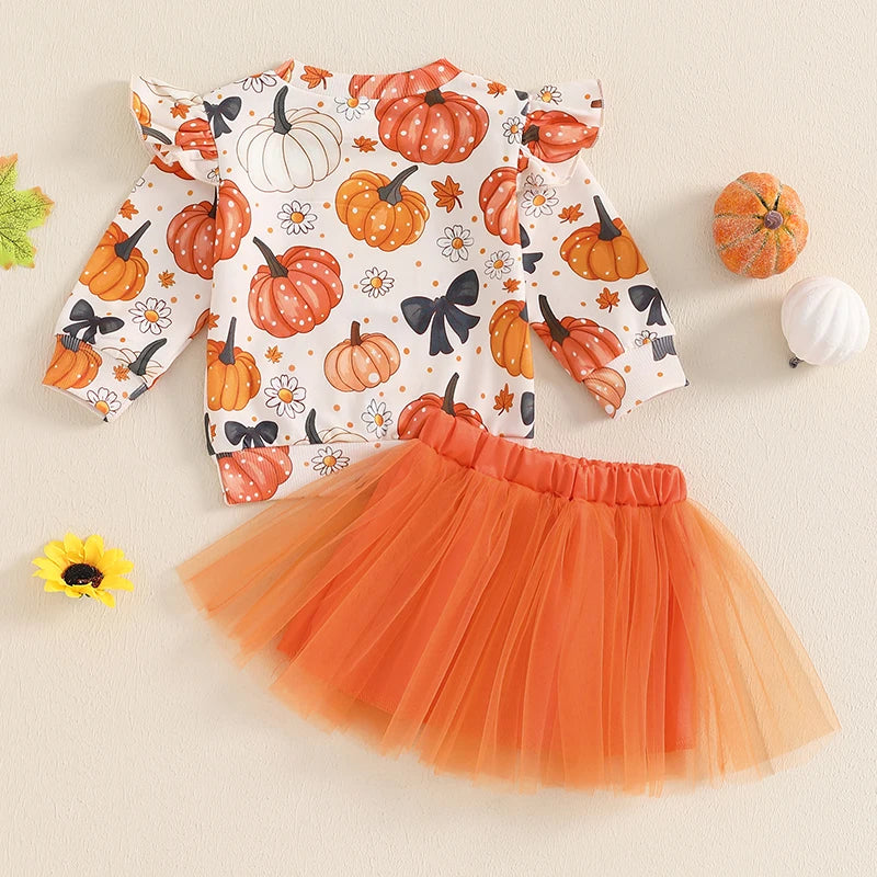 2-Piece Halloween Outfits! Girl’s Long Sleeve Pumpkin Sweatshirt Romper & Skirt Sets