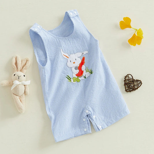 Girl's & Boy's Striped Embroidered Easter Bunny, Truck, Carrot Overall Jumpsuits