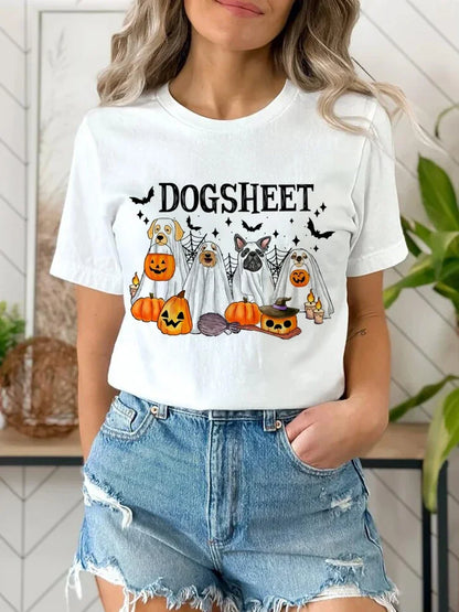 Halloween Tees! Womens Retro Dog Sheet Graphic Print T-Shirts