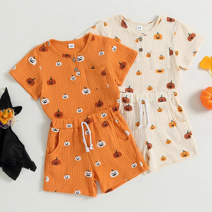 2-Piece Halloween Outfits! Boy’s & Girl’s Short Sleeve Pumpkin T-shirt Rompers & Shorts Sets