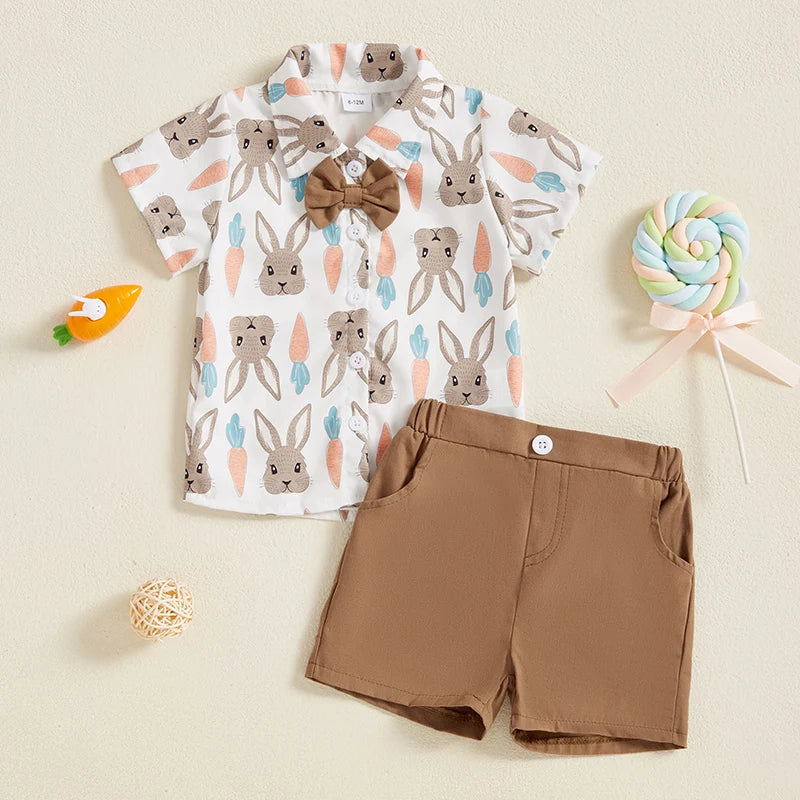 Boy's Easter Bunny Carrot Turn Down Shirt Collar Shirt & Shorts Set