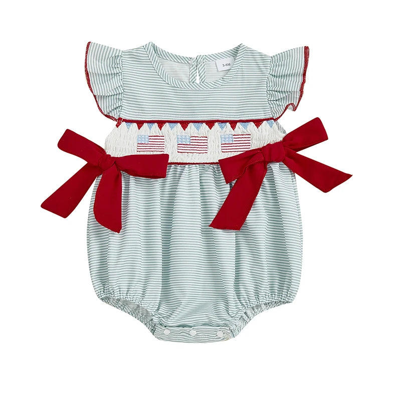 Girl's Embroidered 4th of July Doll Collar Bowed Rompers