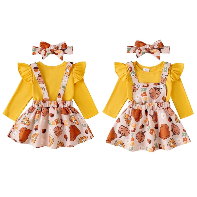 Girl's 3-Piece Holiday 3-Piece Ruffled Onesie, Santa/Pumpkin/Turkey Suspender Skirts & Bow Headband Sets