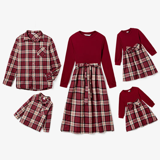 Family Matching! Long-Sleeve Plaid Belted Dresses & Shirts