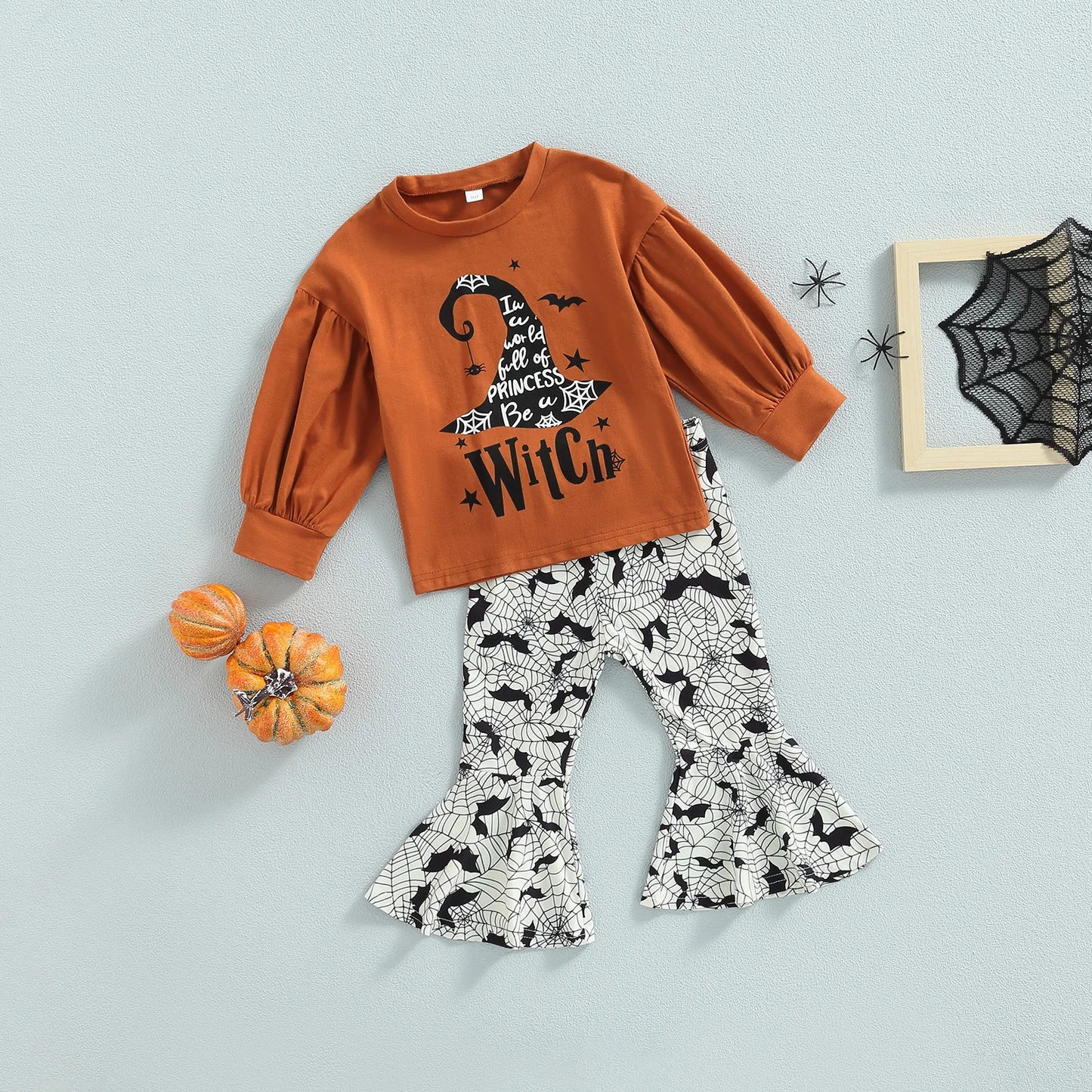 3-Piece Halloween Outfits! Girl’s Long Sleeve Bats, Witches Sweatshirt, Pants & Hat Sets