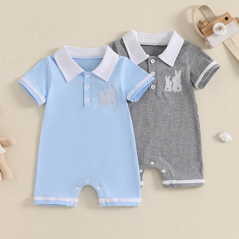 Boy's Easter Bunny Embroidered Jumpsuits with Turn-Down Collar