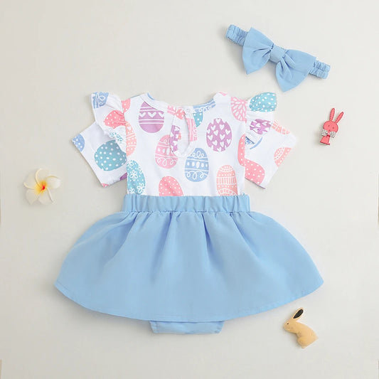 Girl's Easter Bunny, Easter Egg Ruffled Romper Dresses & Headband Sets