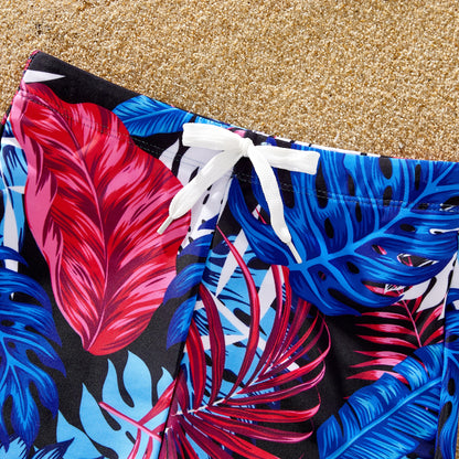 Family Matching! Blue Floral Drawstring Swim Trunks or Shell Trim Spliced One Piece Swimsuit