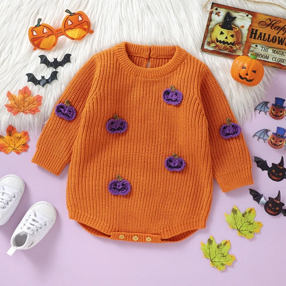 Halloween Outfits! Girl's & Boy's Embroidered Pumpkin Knit Sweater Onesie