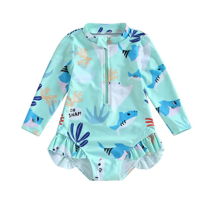 Kids Girls Bikini Long Sleeve Swimsuit Animal Print Zipper Swimwear Beach Clothes Suit