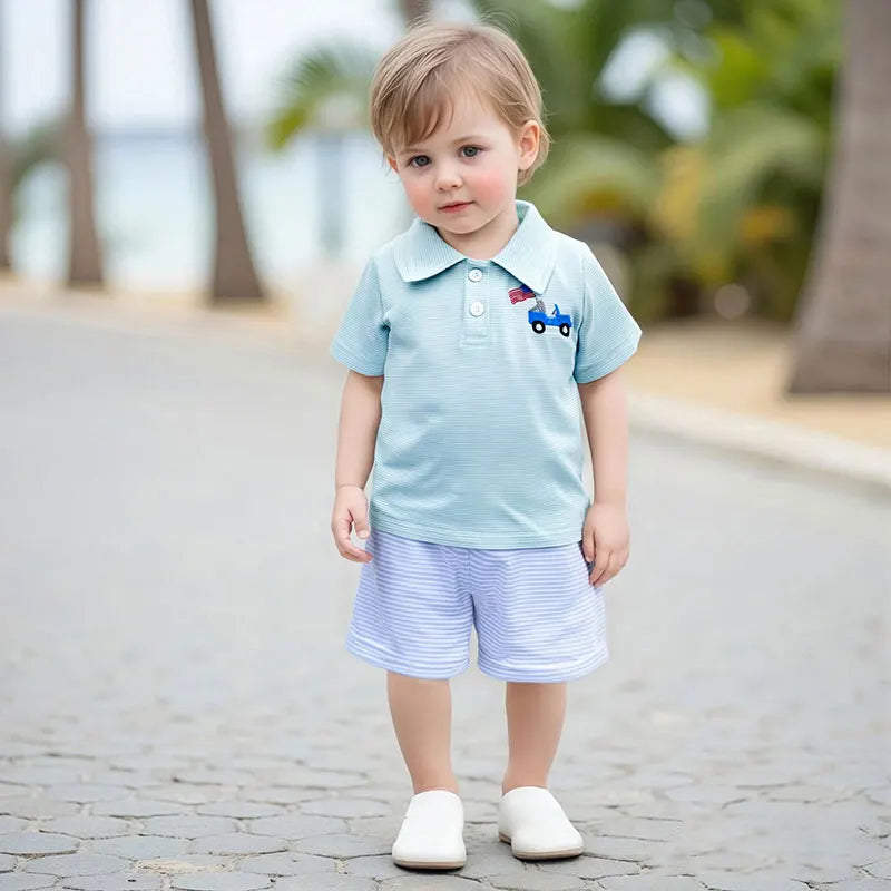 Boy's Embroidered 4th of July Golf Cart or Dog Flag Polo T-Shirts