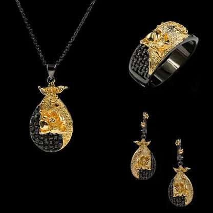 3-Piece Black & Gold Style Ring, Necklace, Earrings 3-piece Sets