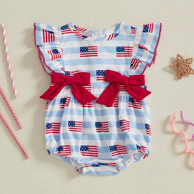 Girl's American Flag 4th of July Doll Collar Bowed Rompers