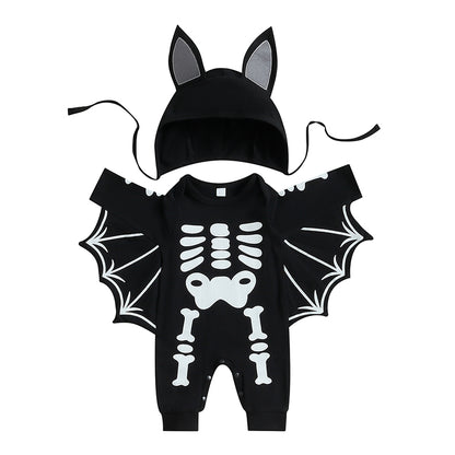 Halloween Costumes! 2-Piece Boy's & Girl's Long Sleeve Skeleton Bat Romper & Hat Set