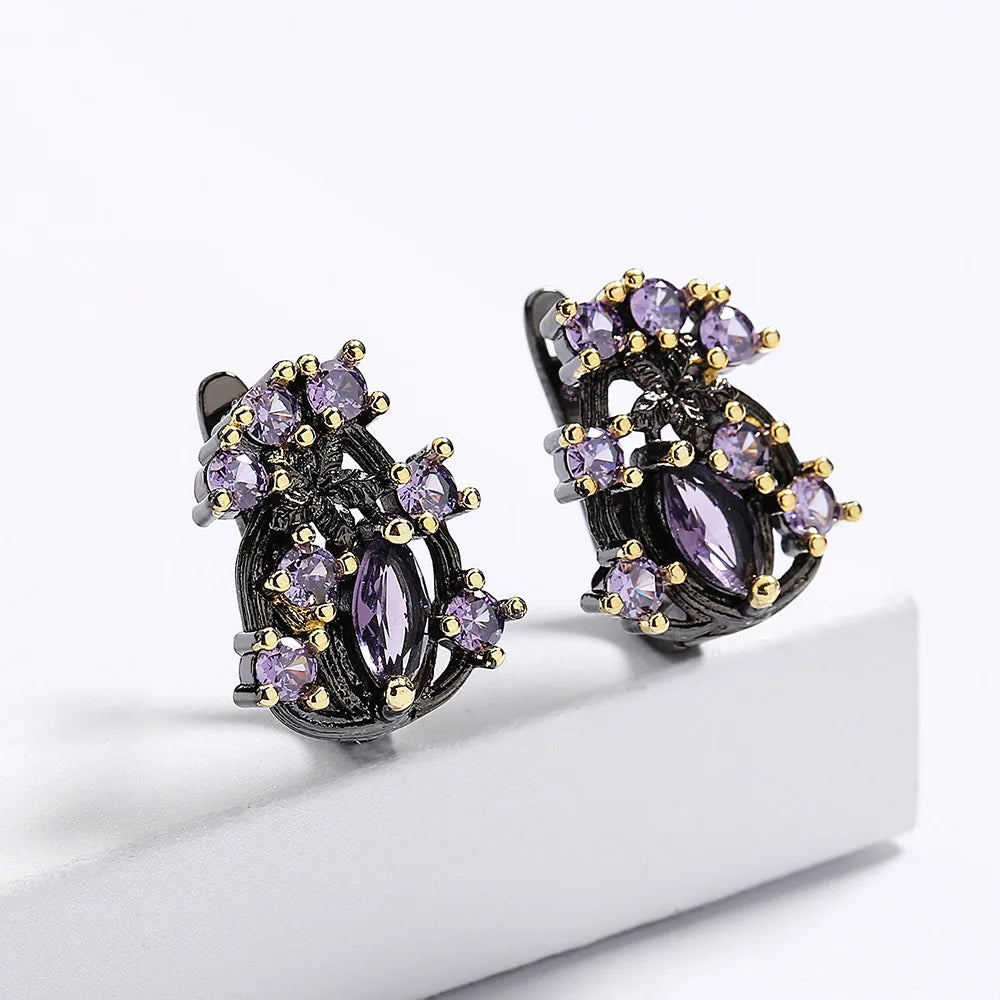 Purple Zircon Flower Earrings Classic Black & Gold Style Earrings with