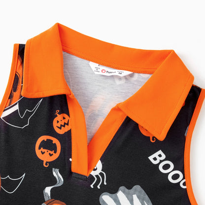 Family Matching! Halloween Pumpkin Ghost Spiderweb Polo Shirts or Ruched Sleeveless Dresses