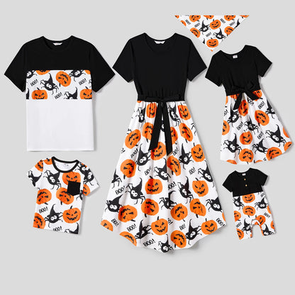 Family Matching! Halloween Pumpkin Print Dresses & Short Sleeve Color Block Tees