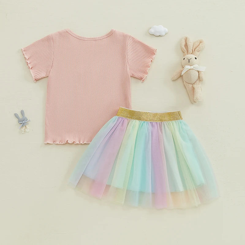 Girl's 2-Piece Embroidered Easter Bunny T-shirts & Rainbow Tulle Skirts Sets