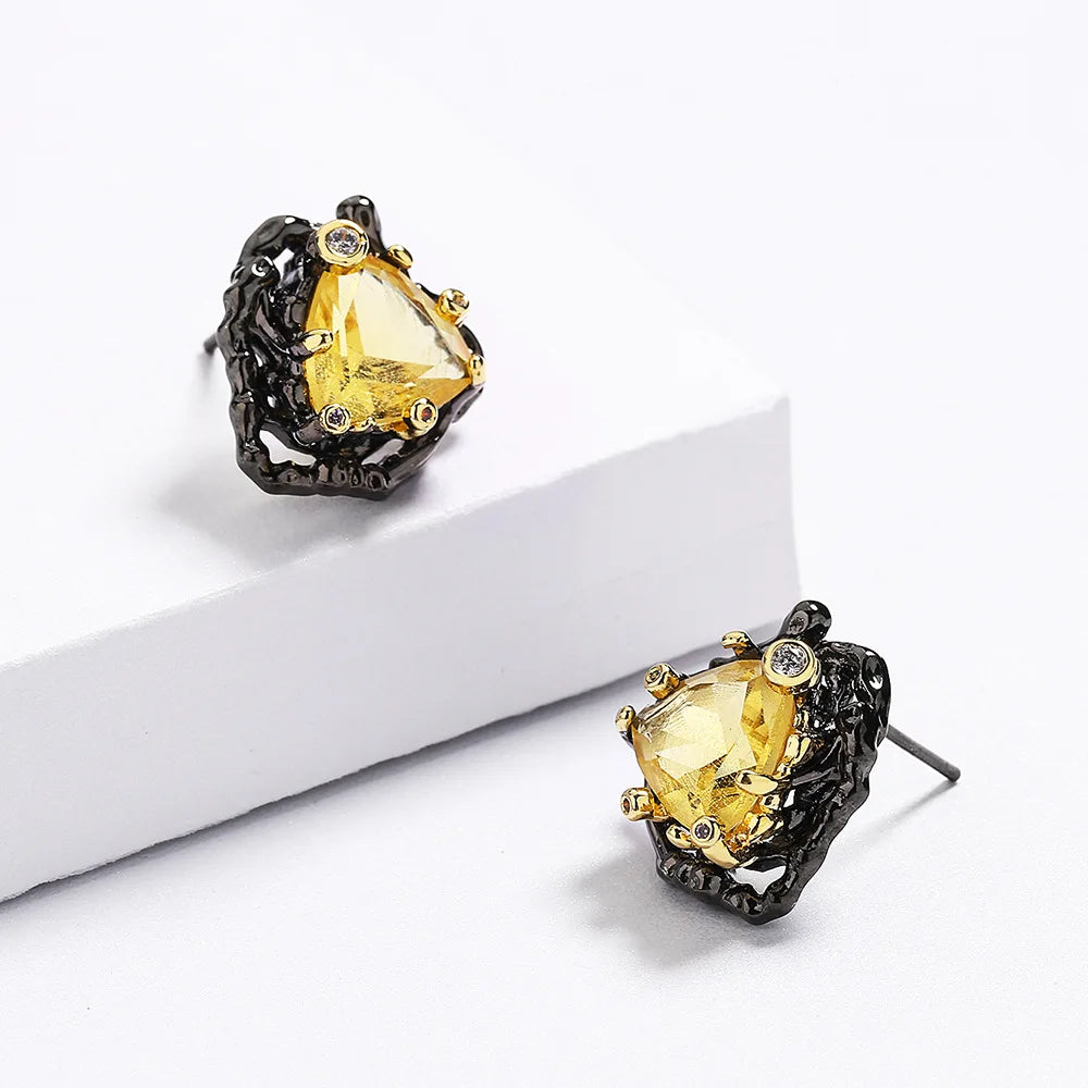 Delicate Yellow Triangle Zircon Black & Gold Style Earring