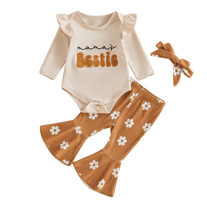 3-Piece Fall Outfits! Girl’s Long Sleeve Embroidered Flower Sweatshirt Rompers, Pants & Headband Sets