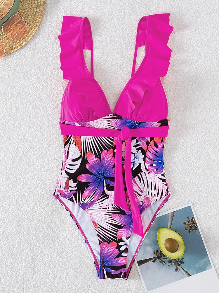 Print Verge Strapped SwimwearPatchwork Push UP One Piece Swimsuit Monokini Backless Beach Bathing Suit