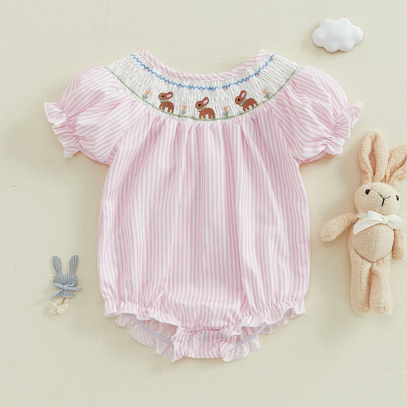 Girl's Embroidered Easter Bunny Stripe Rompers