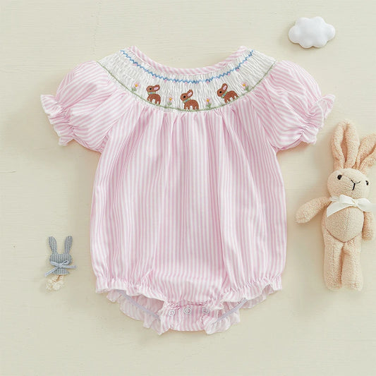 Girl's Embroidered Easter Bunny Stripe Rompers