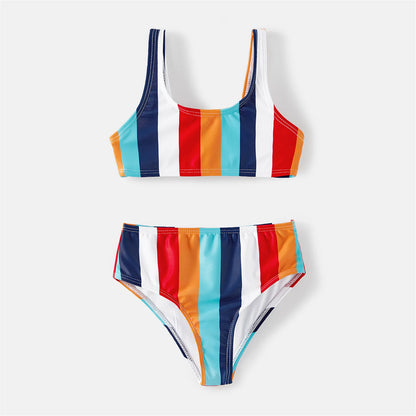 Family Matching! Multicolor Striped Two Piece Bikini Swimsuits & Trunks