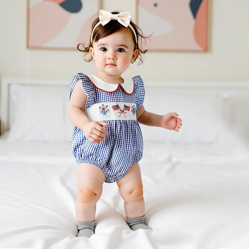 Girl's Embroidered 4th of July Plaid Doll Collar Rompers