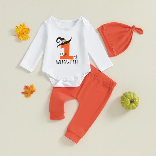 3-Piece Halloween Outfits! Boy’s Long Sleeve Witches Rompers, Pants & Hat Sets