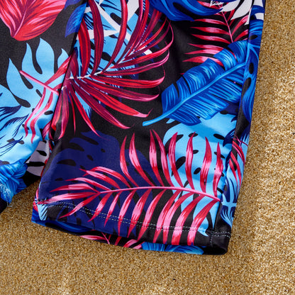 Family Matching! Blue Floral Drawstring Swim Trunks or Shell Trim Spliced One Piece Swimsuit