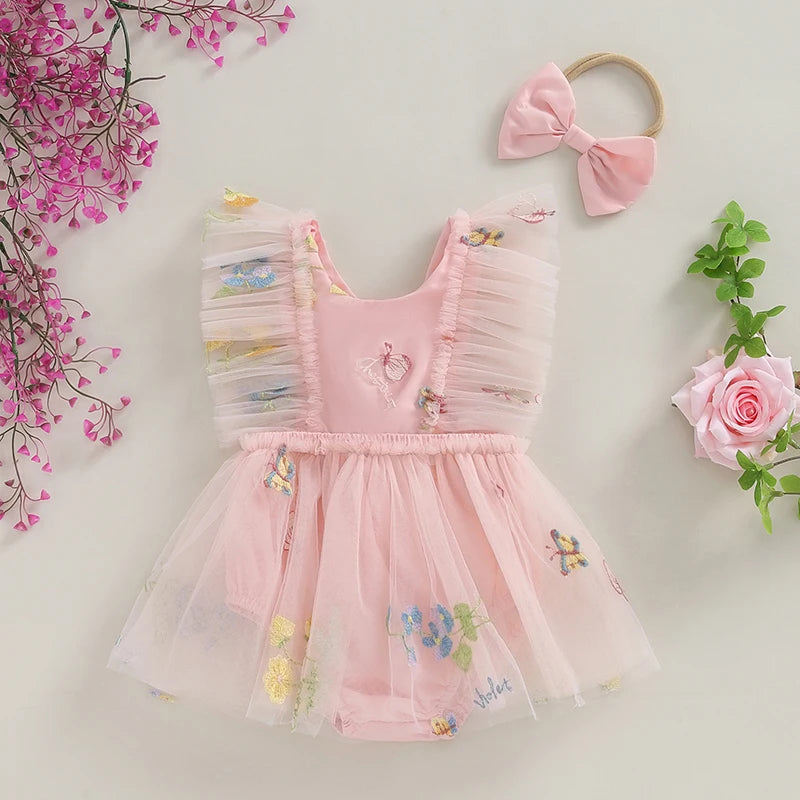 2-Piece Outfits! Girl's Sleeveless Embroidered Floral Tulle Overall Dress & Headband Sets