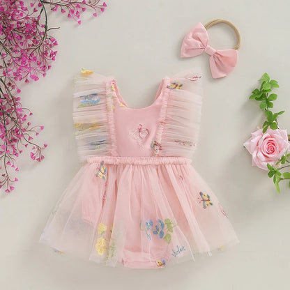 2-Piece Outfits! Girl's Sleeveless Embroidered Floral Tulle Overall Dress & Headband Sets