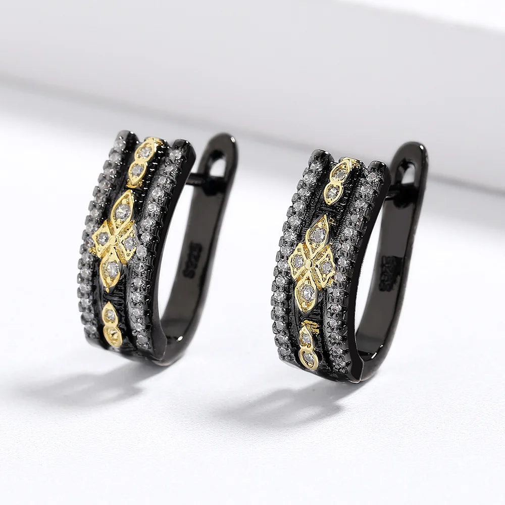 Classic Black & Gold Style Geometric Zircon Earrings