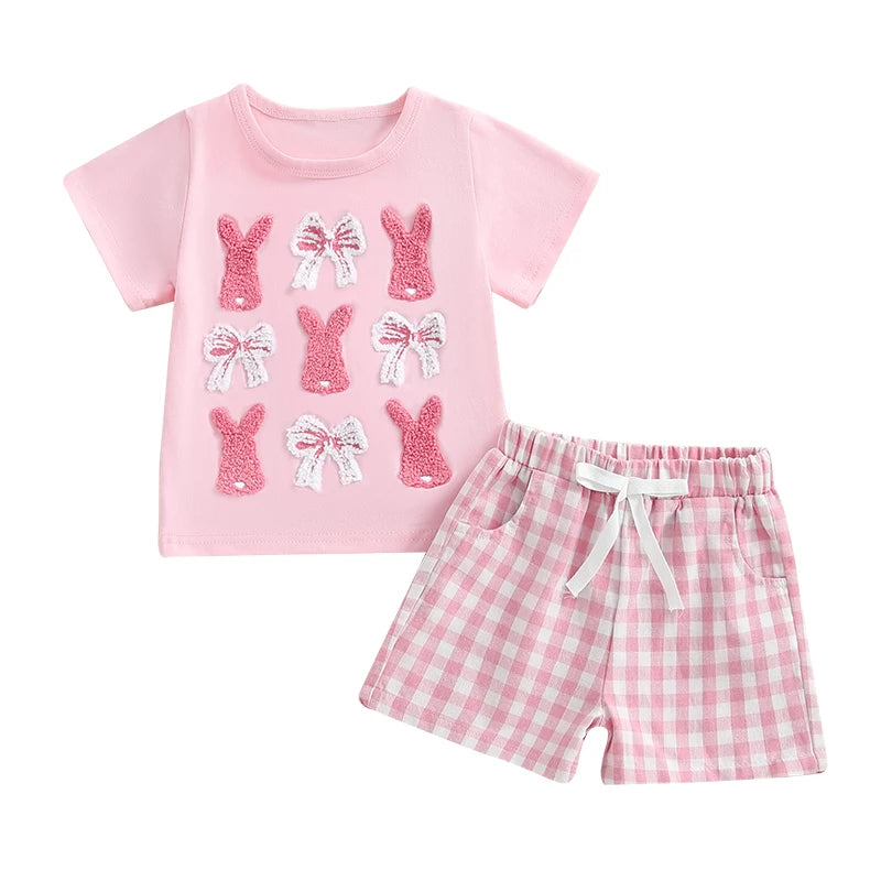 Girl's 2-Piece Easter Bunny Embroidered Tops & Shorts Outfit Sets