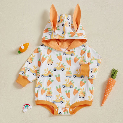 Boy's Hooded Easter Bunny Ears Long Sleeve Romper