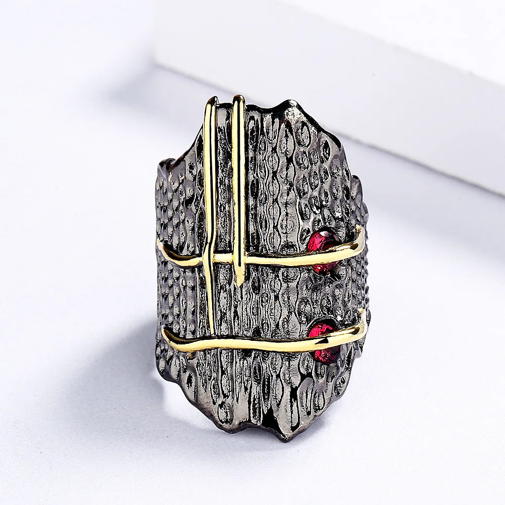 Pomegranate Ruby-Zircon Modern Rings Black & Gold Style Ring