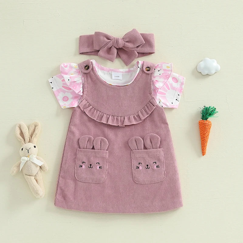 Girl's 3-Piece Easter Bunny Onesie, Headband & Suspender Dresses