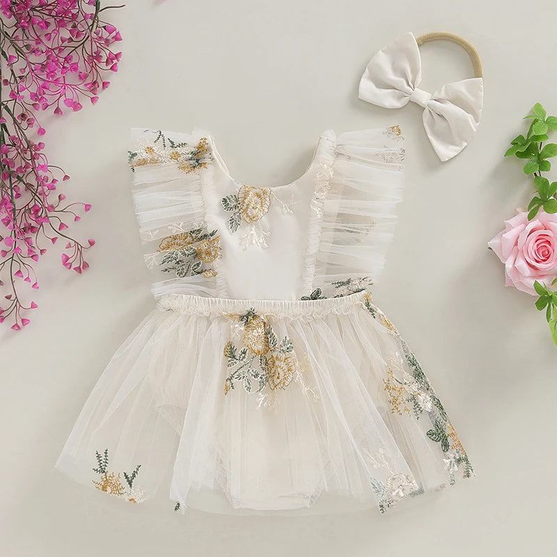 2-Piece Outfits! Girl's Sleeveless Embroidered Floral Tulle Overall Dress & Headband Sets