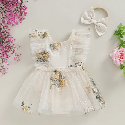 2-Piece Outfits! Girl's Sleeveless Embroidered Floral Tulle Overall Dress & Headband Sets