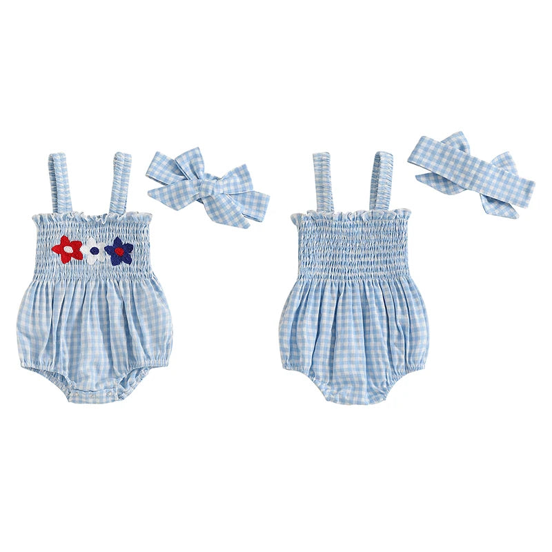 Girl's 2-Piece Embroidered July 4th Rompers & Bow Head Band Sets