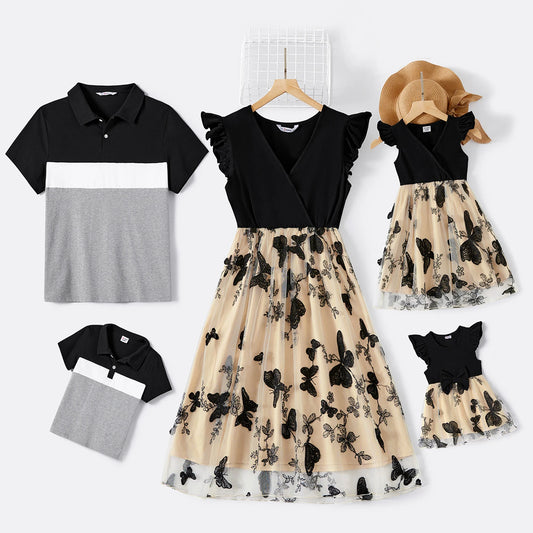 Family Matching! Flutter-sleeve Butterfly Dresses & Colorblock T-shirts